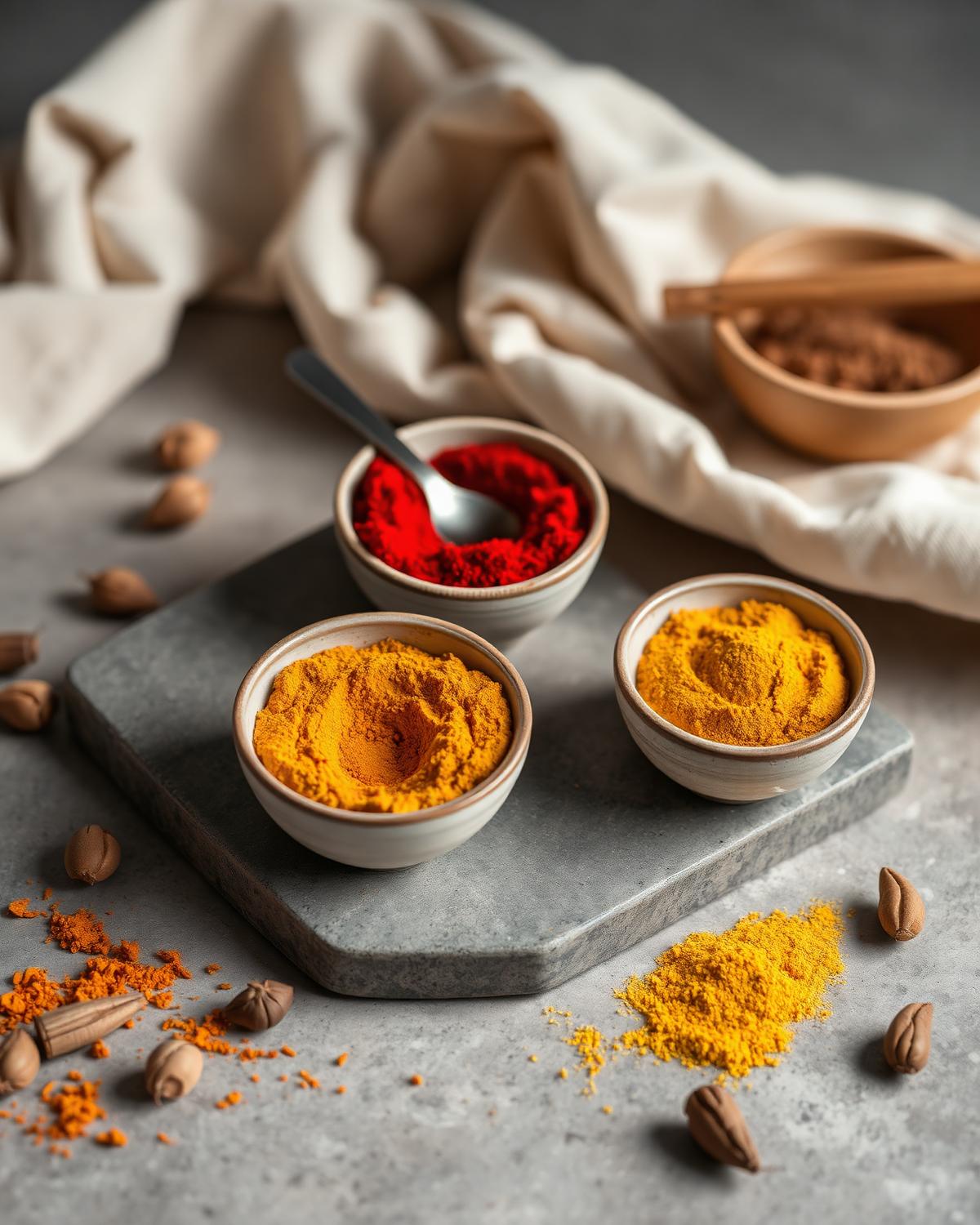 Ground turmeric, chilli and coriander in kraft pouches beside whole spices